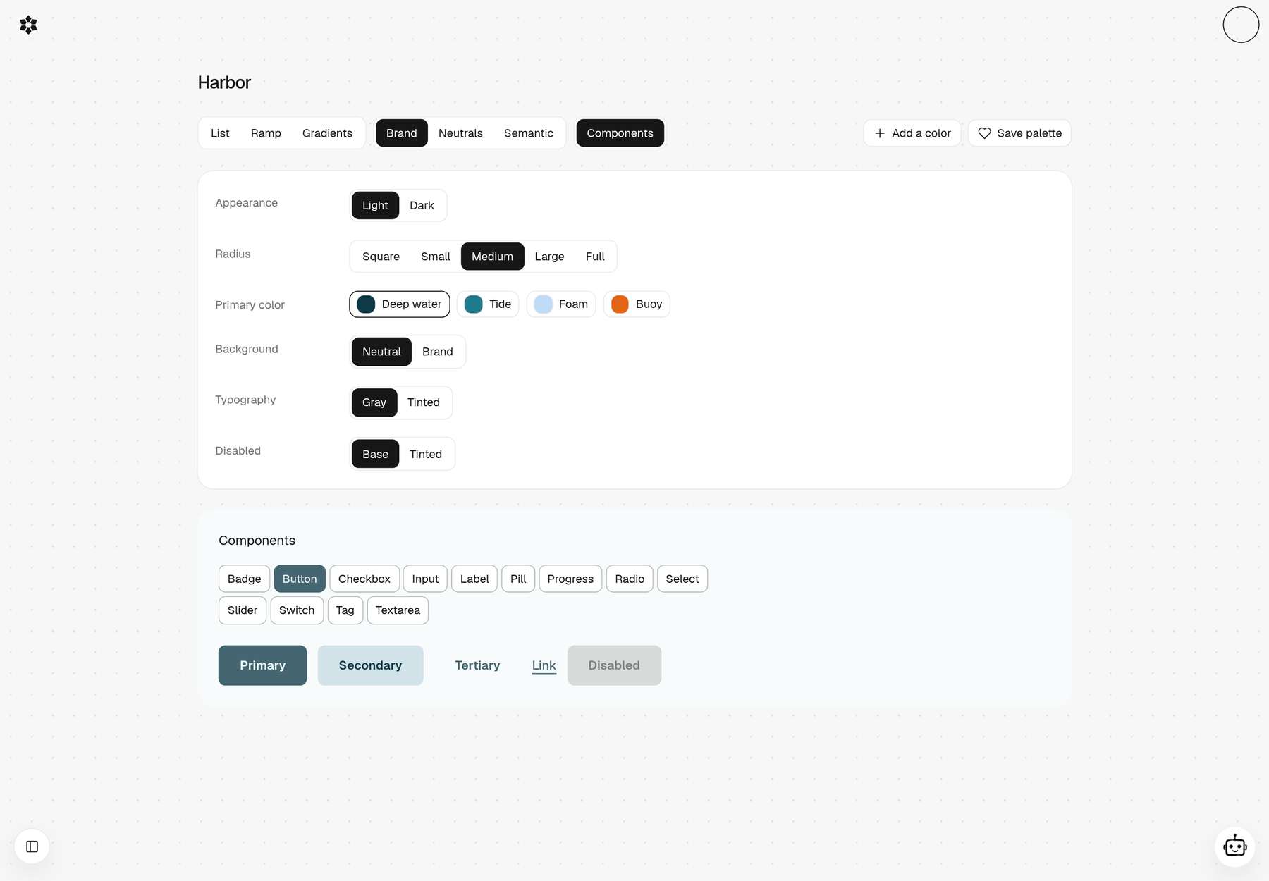 Component preview using the Harbor palette