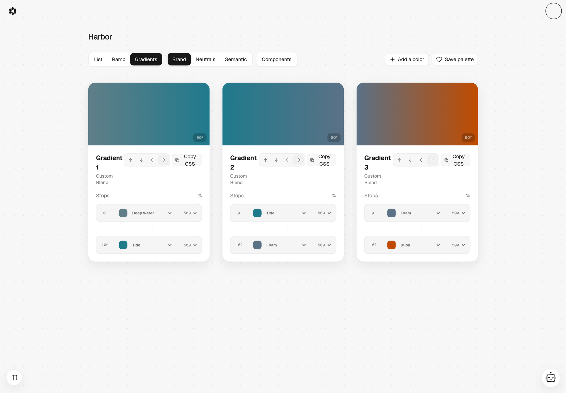 Three gradients built from the Harbor palette