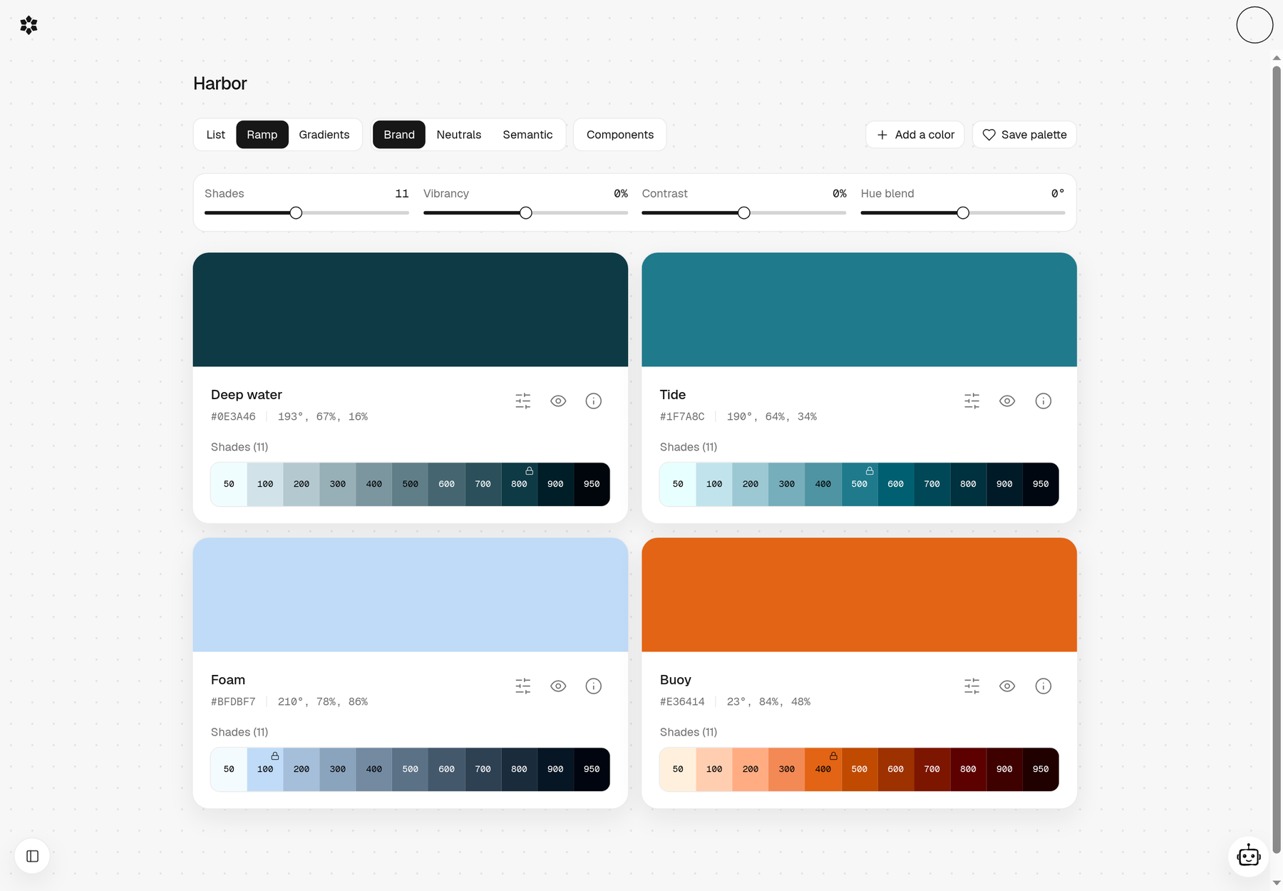 Harbor palette with named colors and 50 to 950 scales