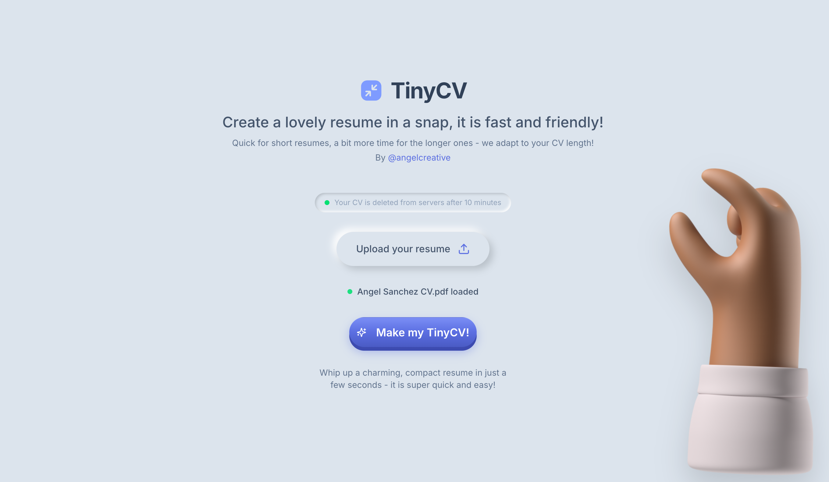 TinyCV interface - Create a lovely resume in a snap